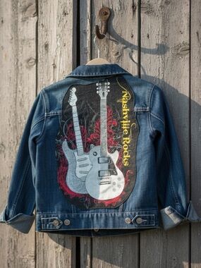 Upcycled Nashville Rocks Electric Guitar Graphic Denim Jean Jacket